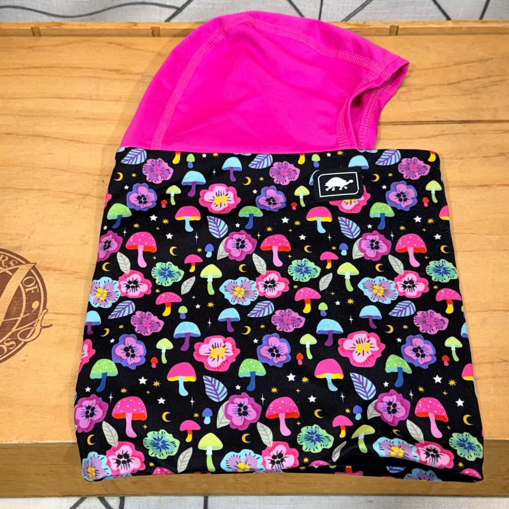 Turtle Fur Kids Balaclava Hood Neck Warmer Pink Mushroom Floral Print Fleece